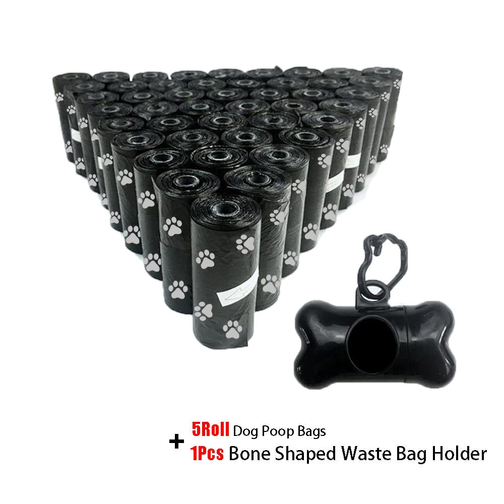 Bulk Poop Bags with Leash Clip and Bone Bag Dispenser 5Roll(75Pcs) Bags with Paw Prints