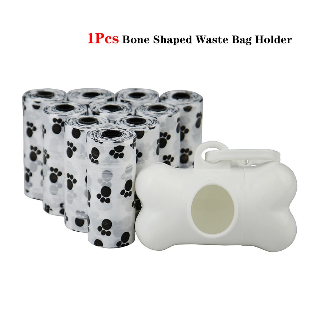 Bulk Poop Bags with Leash Clip and Bone Bag Dispenser 5Roll(75Pcs) Bags with Paw Prints