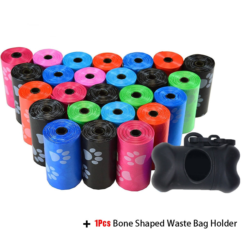 Bulk Poop Bags with Leash Clip and Bone Bag Dispenser 5Roll(75Pcs) Bags with Paw Prints