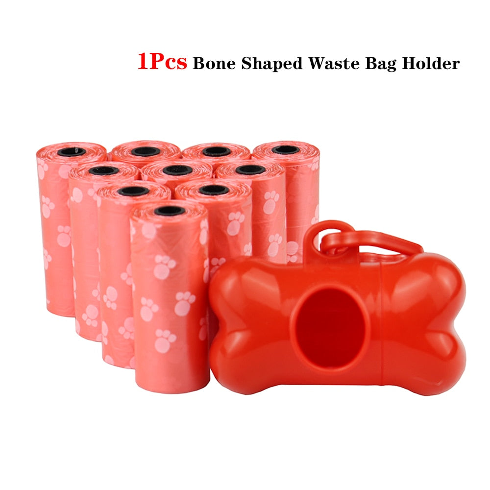 Bulk Poop Bags with Leash Clip and Bone Bag Dispenser 5Roll(75Pcs) Bags with Paw Prints